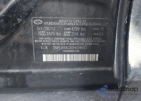 2013 Hyundai Sonata Gls из США, поврежденный, VIN 5NPEB4ACXDH619603